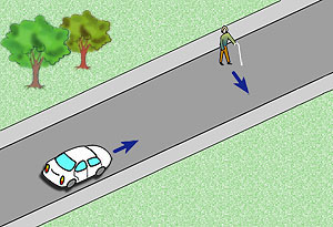 pieszy z lask� przechodzi przez jezdni�